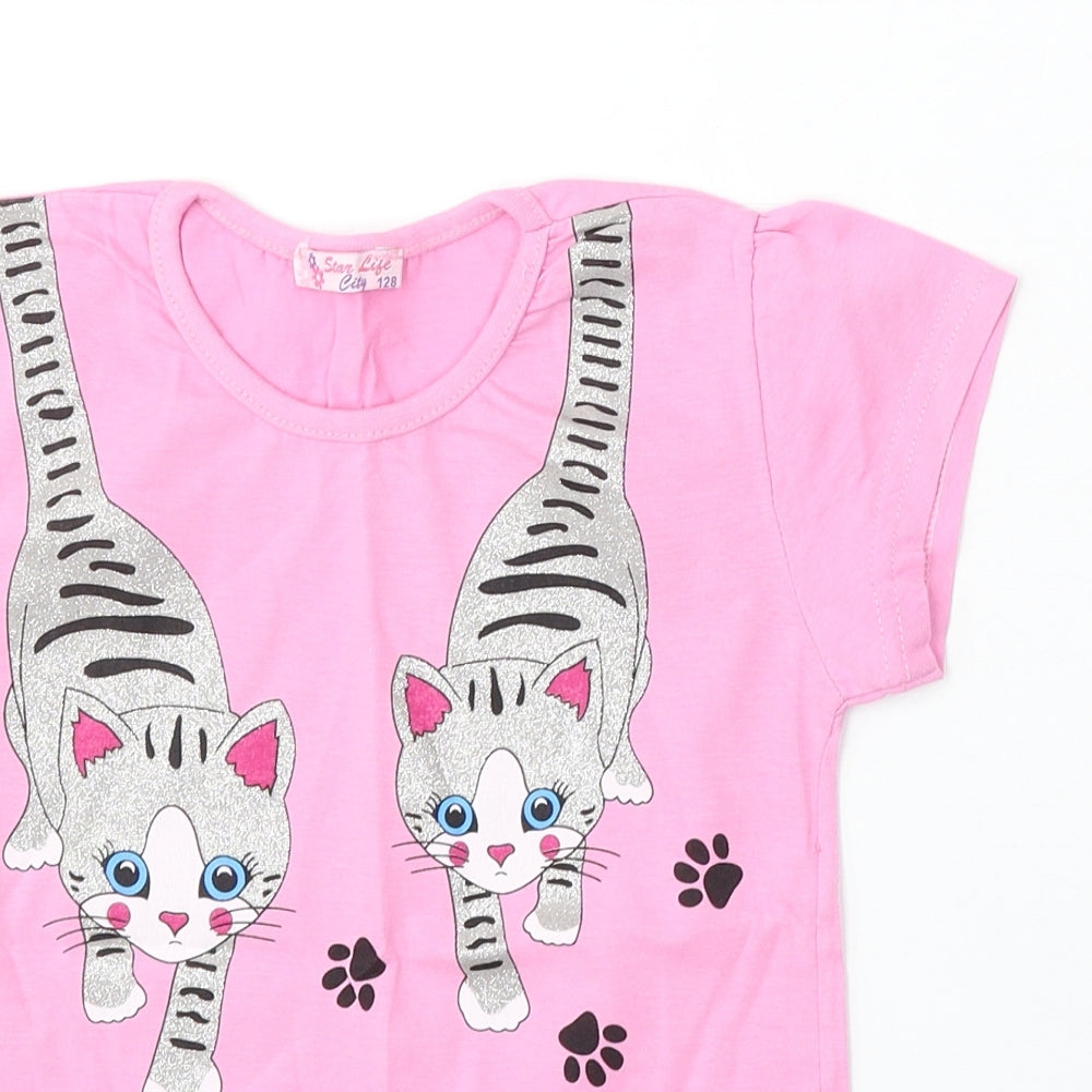 Star Life City Girls Pink Cotton Basic T-Shirt Size 8-9 Years Round Neck - Cats