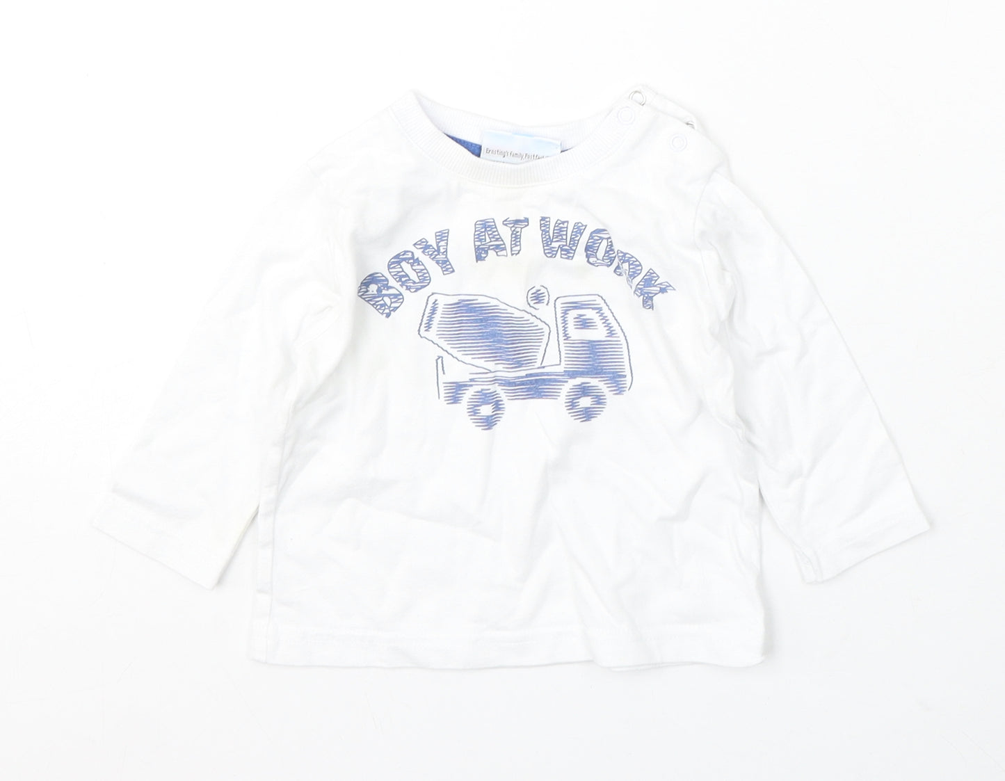 Topo Mini Boys White Cotton Basic T-Shirt Size 12-18 Months Round Neck Snap - boy at work