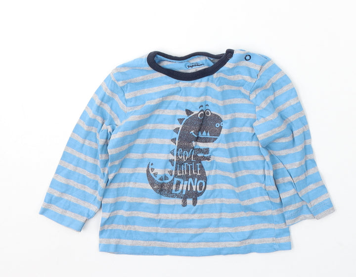 Topomini Boys Blue Striped Cotton Basic T-Shirt Size 2 Years Round Neck Snap - dinosaur