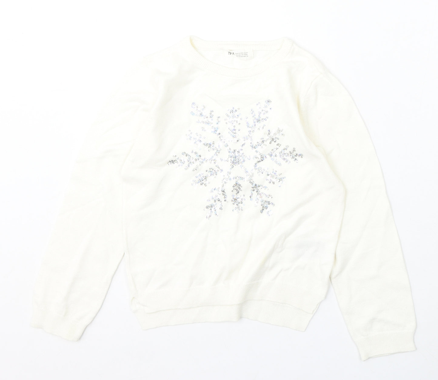 H&M Girls Ivory Round Neck Cotton Pullover Jumper Size 7-8 Years - Christmas Snowflake