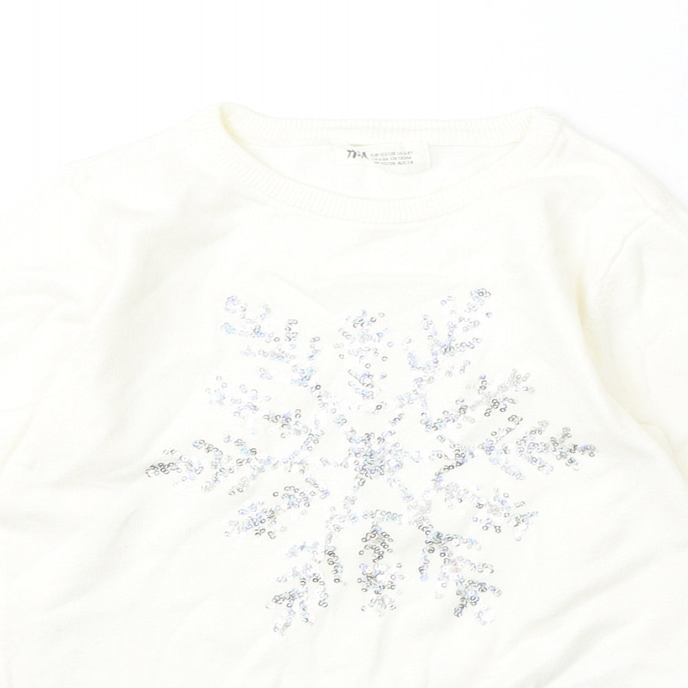 H&M Girls Ivory Round Neck Cotton Pullover Jumper Size 7-8 Years - Christmas Snowflake