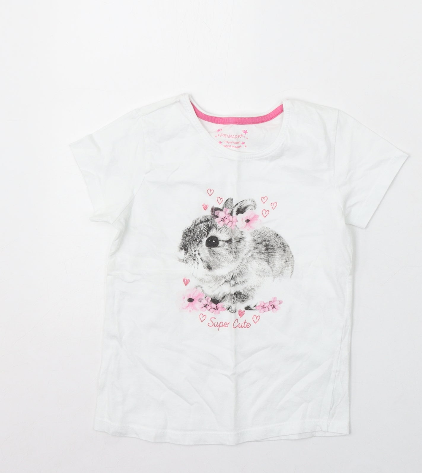 Primark Girls White Cotton Basic T-Shirt Size 7-8 Years Round Neck - Rabbit