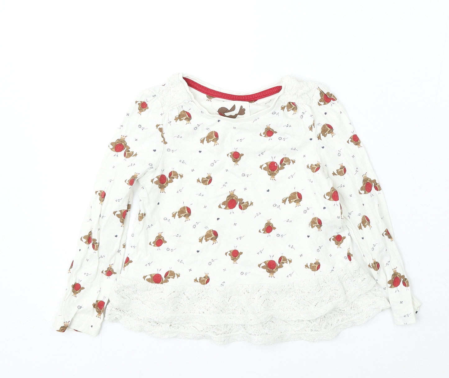 TU Girls White Geometric Cotton Basic T-Shirt Size 2-3 Years Round Neck - Christmas Robin