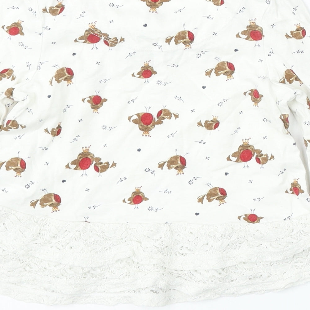 TU Girls White Geometric Cotton Basic T-Shirt Size 2-3 Years Round Neck - Christmas Robin