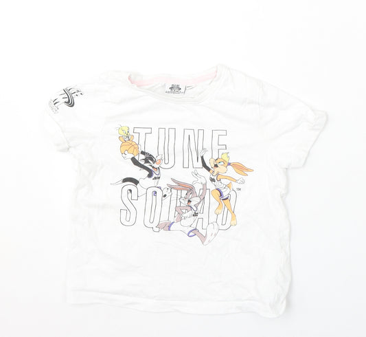 Front view of Space Jam girls’ white polyester basic t-shirt, size 7-8, years round neck - tune squad/cartoon characters