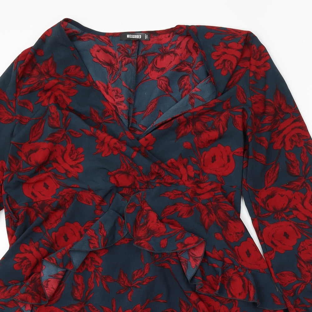 Missguided Womens Blue Floral Polyester Sheath Size 16 V-Neck