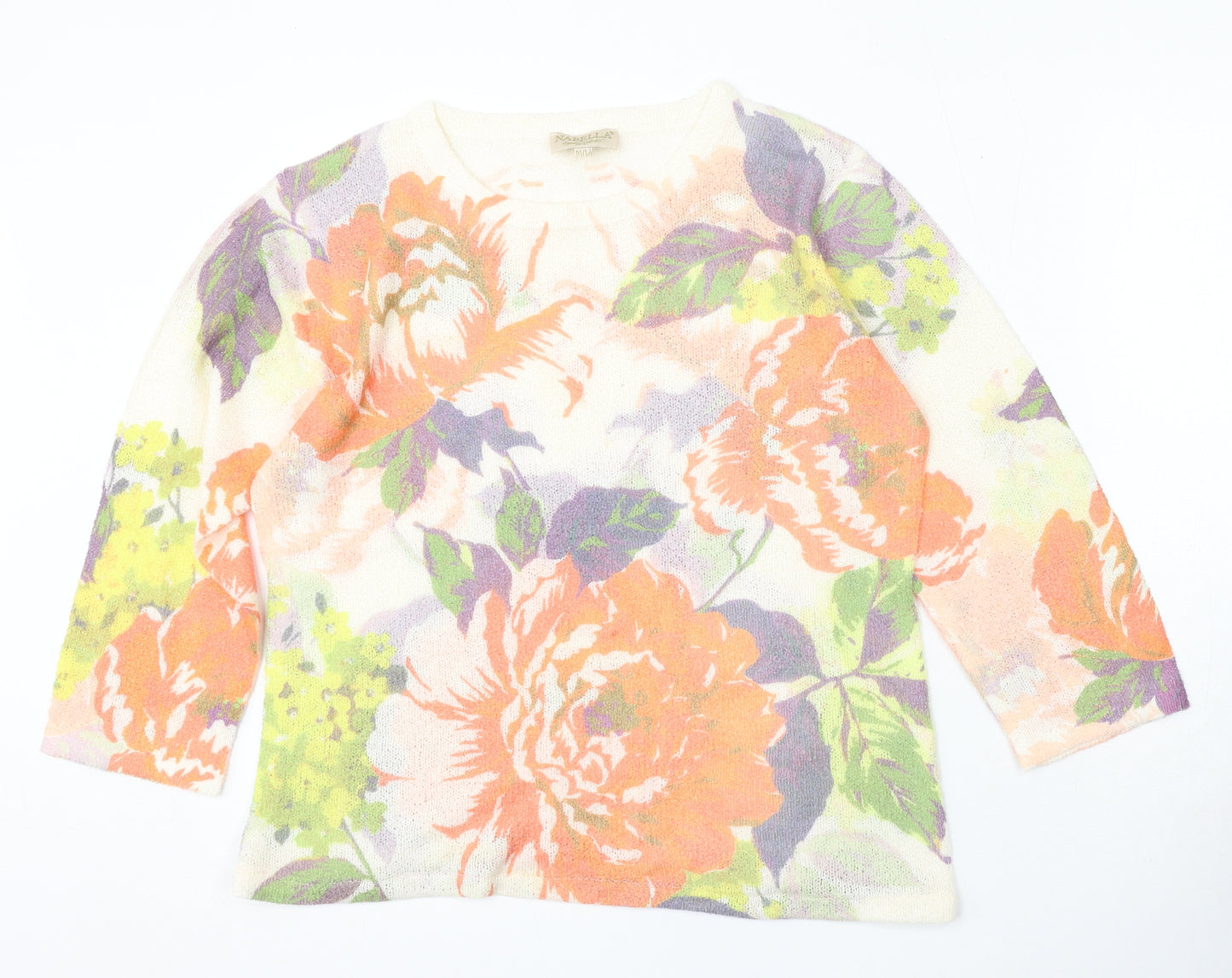 Nabella Womens Ivory Round Neck Floral Polyester Pullover Jumper Size M