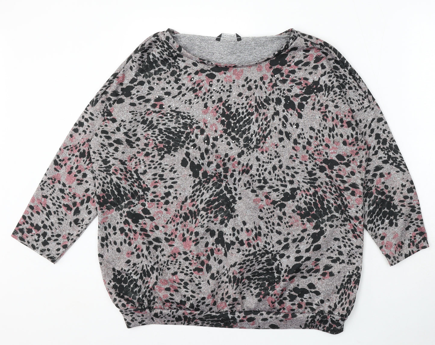 Roman Womens Grey Round Neck Animal Print Polyester Pullover Jumper Size 16