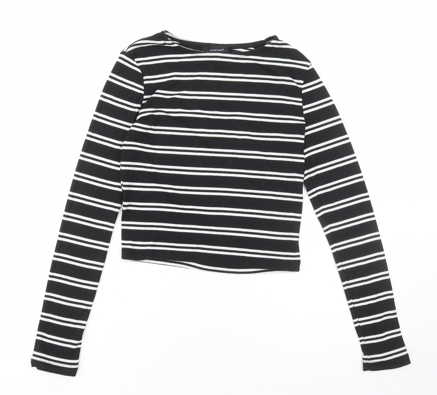 Primark Womens Black Striped Polyester Cropped T-Shirt Size 12 Round Neck