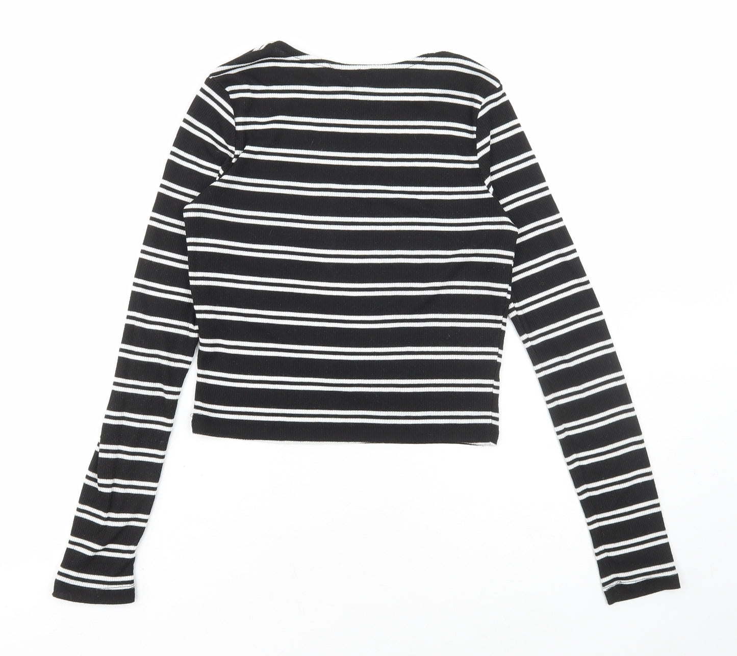 Primark Womens Black Striped Polyester Cropped T-Shirt Size 12 Round Neck