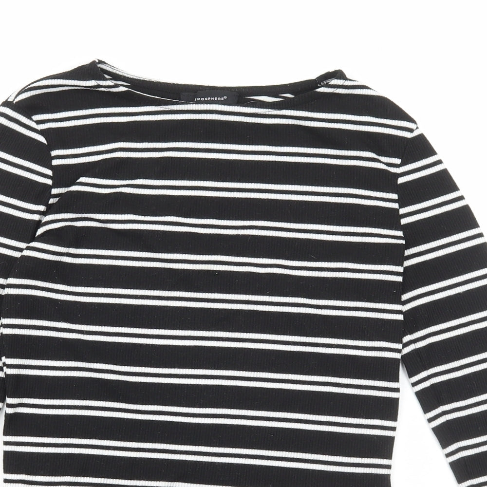 Primark Womens Black Striped Polyester Cropped T-Shirt Size 12 Round Neck