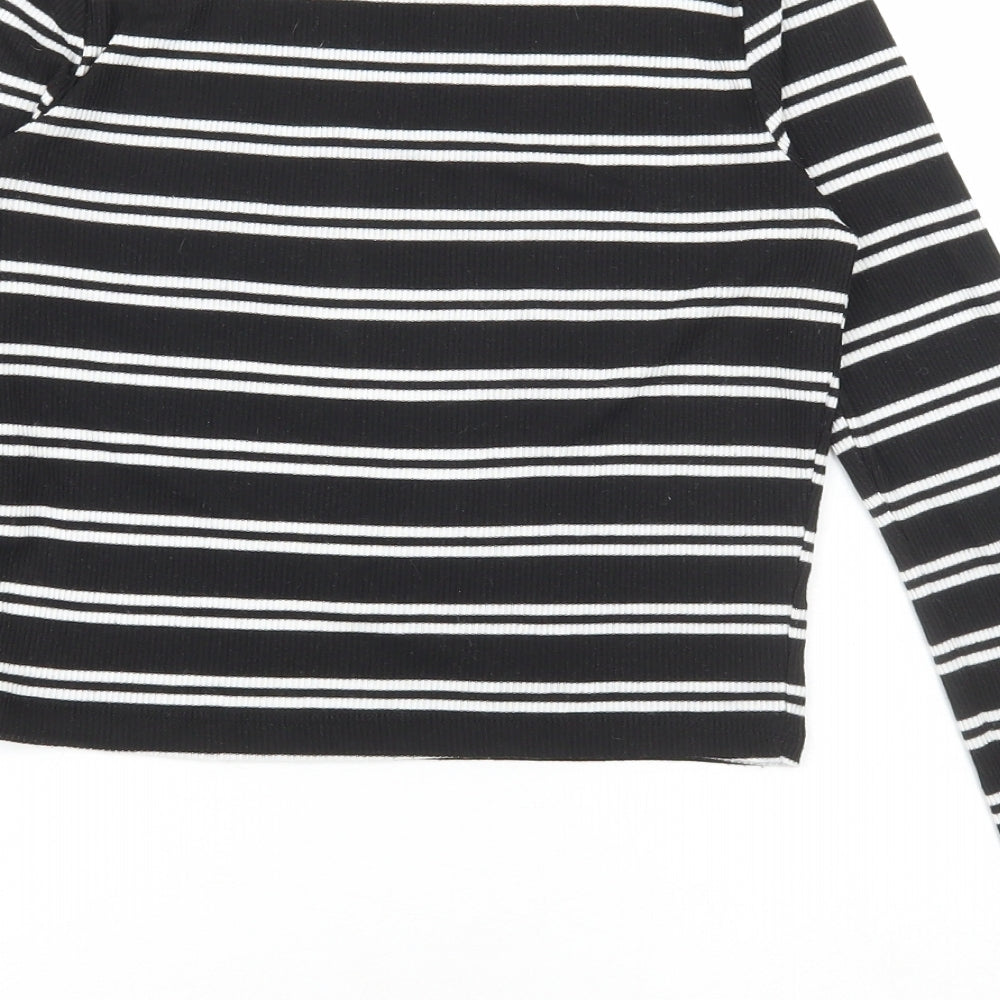 Primark Womens Black Striped Polyester Cropped T-Shirt Size 12 Round Neck