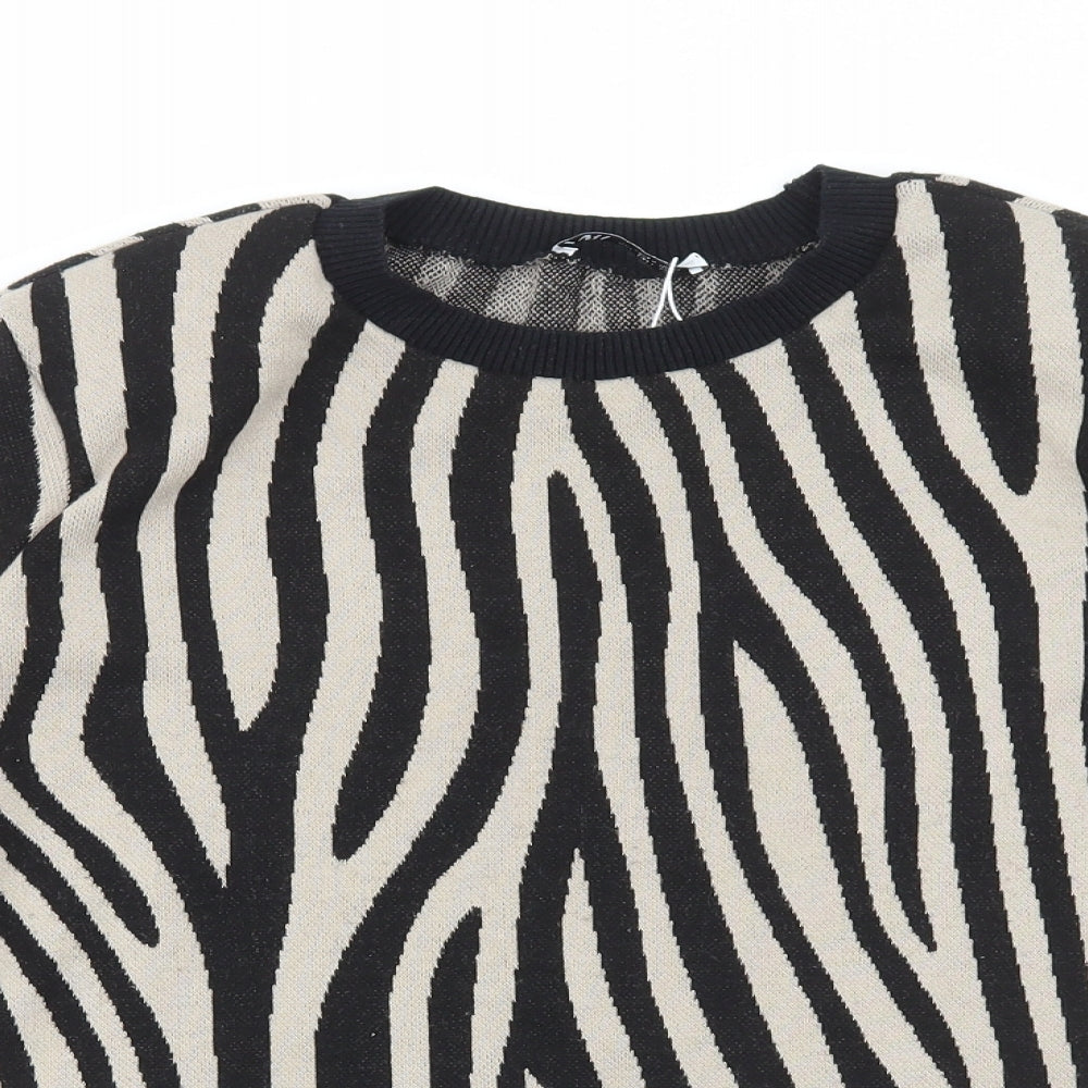 Zara Womens Black Round Neck Animal Print Polyester Pullover Jumper Size L