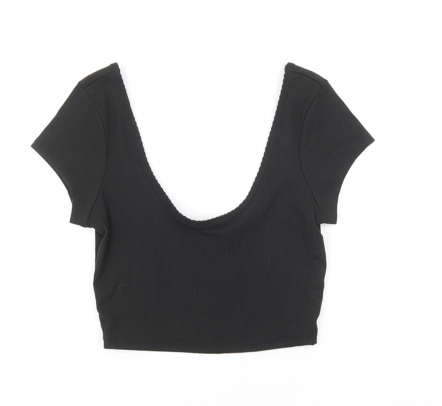 Primark Womens Black Polyester Cropped T-Shirt Size XS Scoop Neck