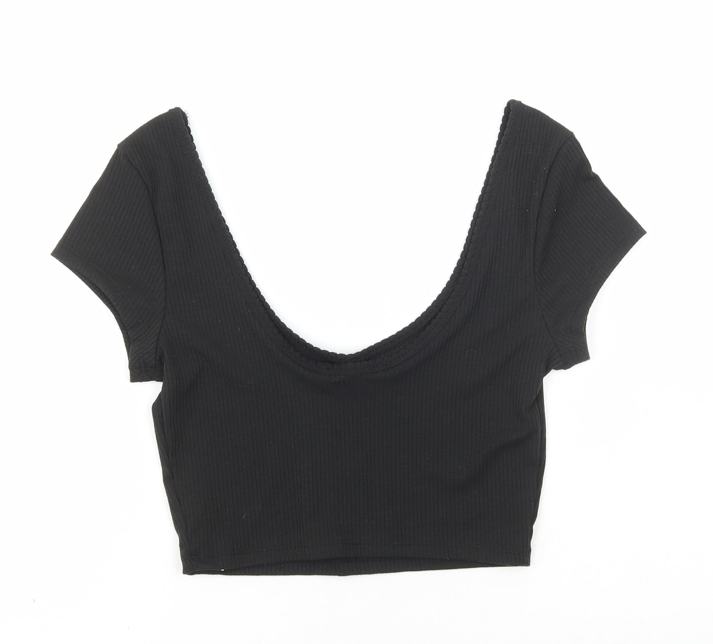 Primark Womens Black Polyester Cropped T-Shirt Size XS Scoop Neck