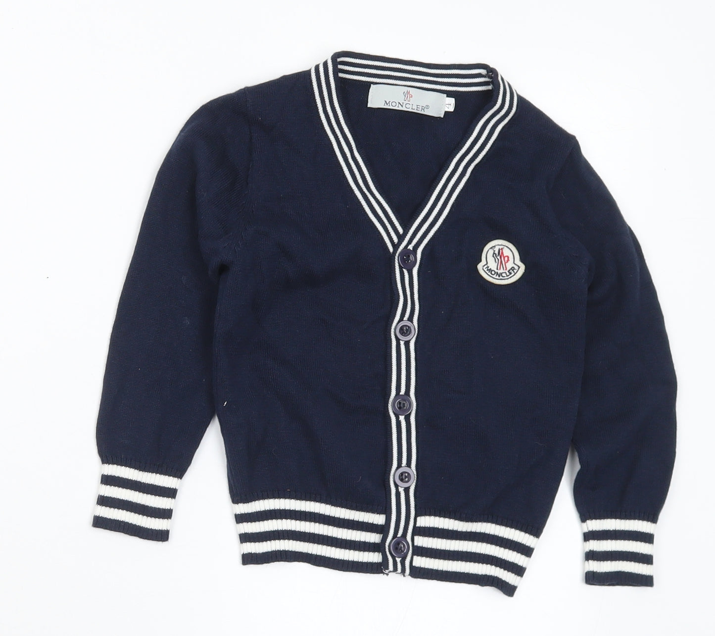Moncler Girls Blue V-Neck Striped Cotton Cardigan Jumper Size 3-4 Years