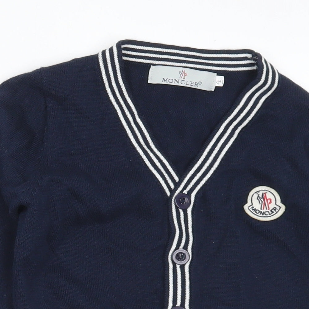 Moncler Girls Blue V-Neck Striped Cotton Cardigan Jumper Size 3-4 Years