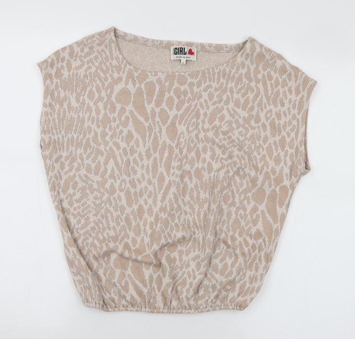 River Island Womens Beige Round Neck Animal Print Acrylic Pullover Jumper Size 8 - Leopard Print