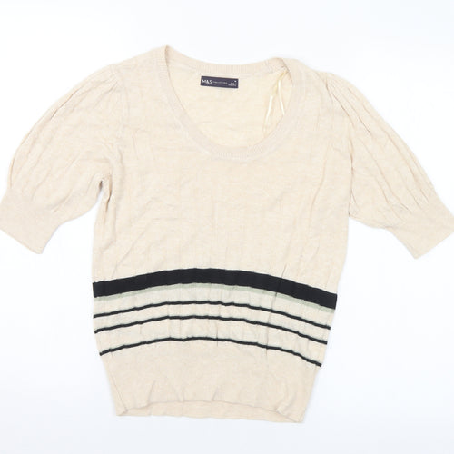Marks and Spencer Womens Beige Scoop Neck Striped Viscose Pullover Jumper Size 10