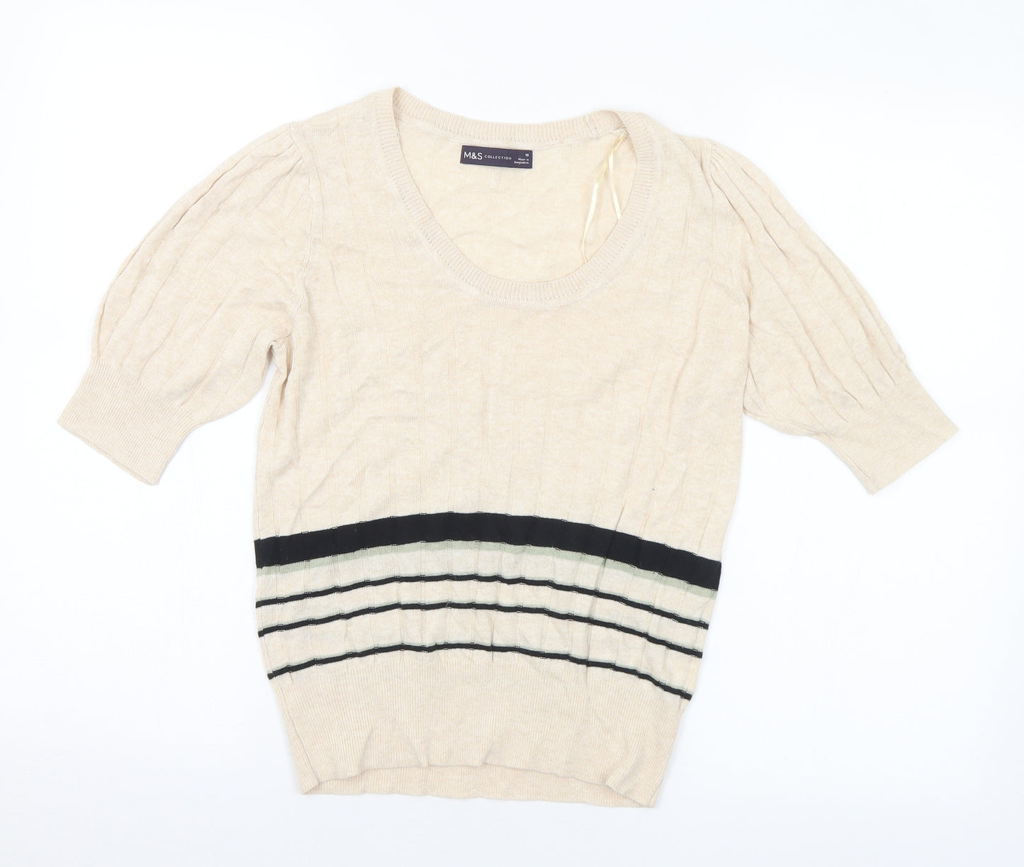 Marks and Spencer Womens Beige Scoop Neck Striped Viscose Pullover Jumper Size 10