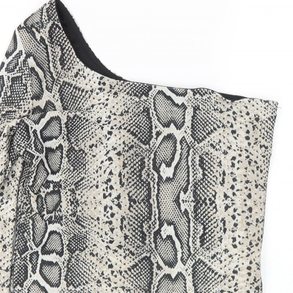 New Look Womens Beige Animal Print Polyester Basic T-Shirt Size 14 One Shoulder