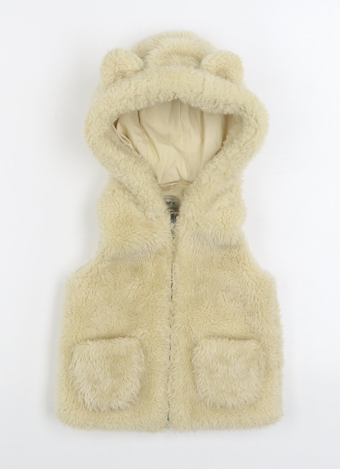 F&F Girls Beige Gilet Coat Size 2-3 Years Zip - Faux fur