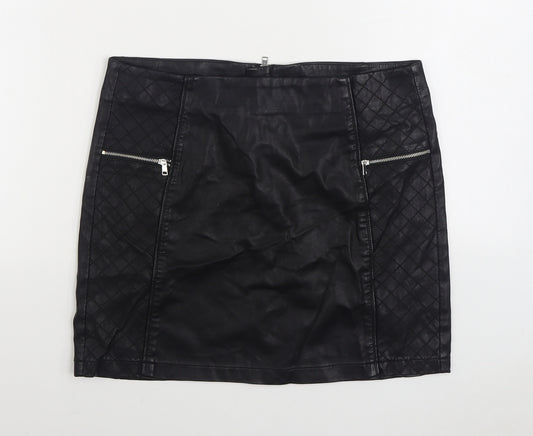 Front view of Papaya women’s black polyurethane a-line skirt, size UK 12, zip