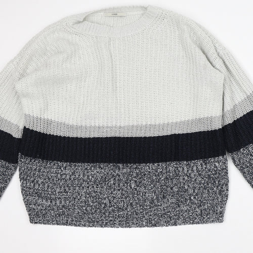 George Mens Grey Crew Neck Striped Acrylic Pullover Jumper Size L