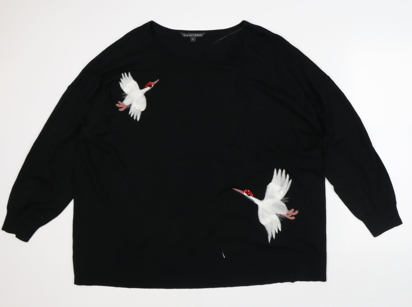 Love Knitwear Womens Black Crew Neck Viscose Pullover Jumper Size 24 - Birds