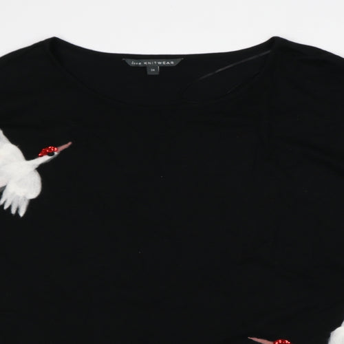Love Knitwear Womens Black Crew Neck Viscose Pullover Jumper Size 24 - Birds