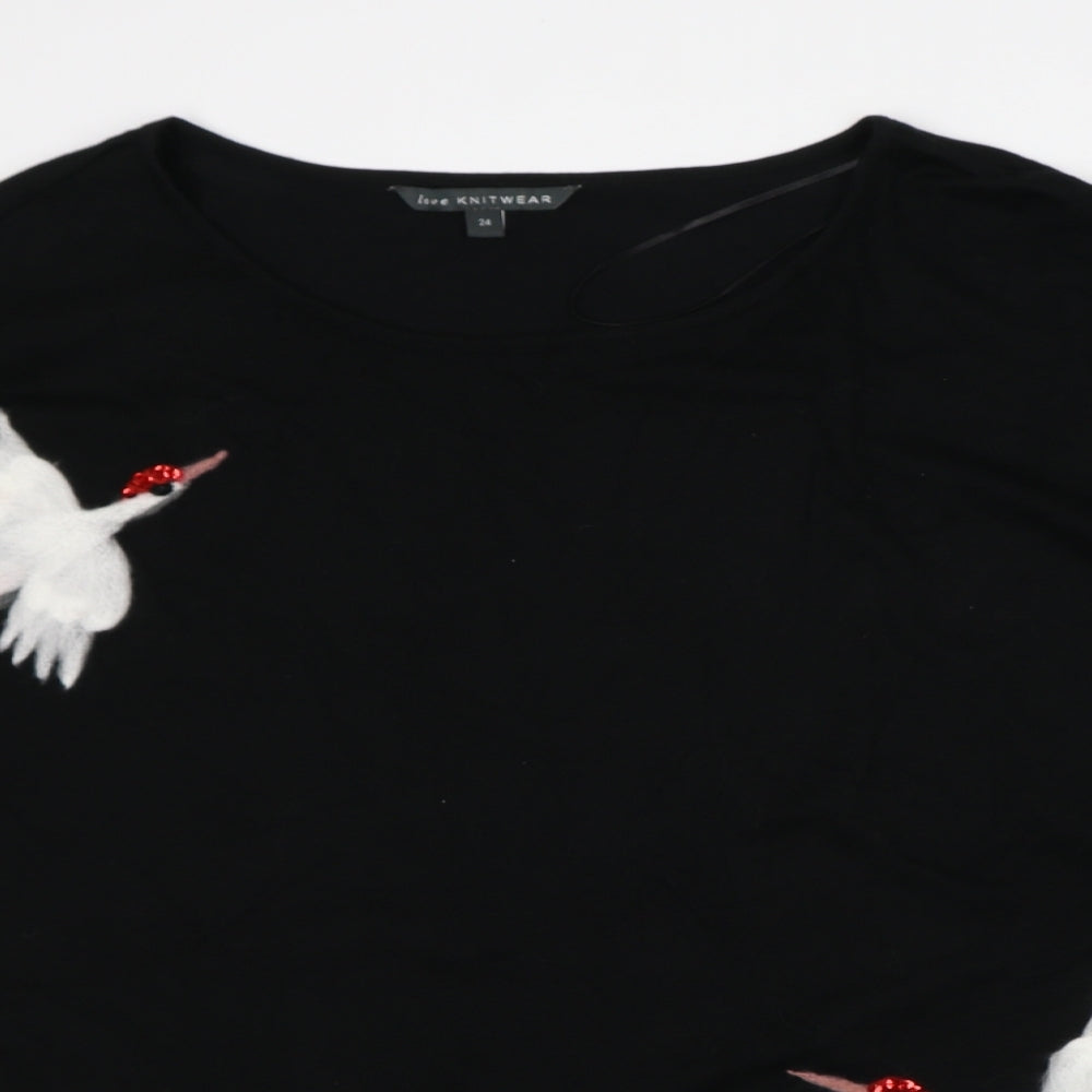 Love Knitwear Womens Black Crew Neck Viscose Pullover Jumper Size 24 - Birds