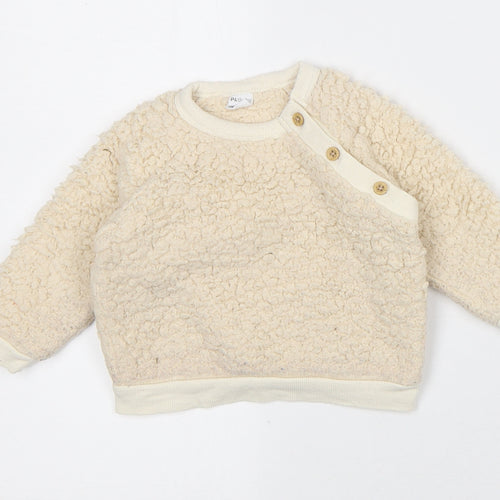 PL:Baby Baby Beige Polyester Pullover Jumper Size 9-12 Months Snap - Woolen Texture