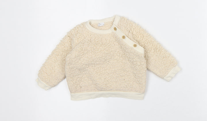 PL:Baby Baby Beige Polyester Pullover Jumper Size 9-12 Months Snap - Woolen Texture