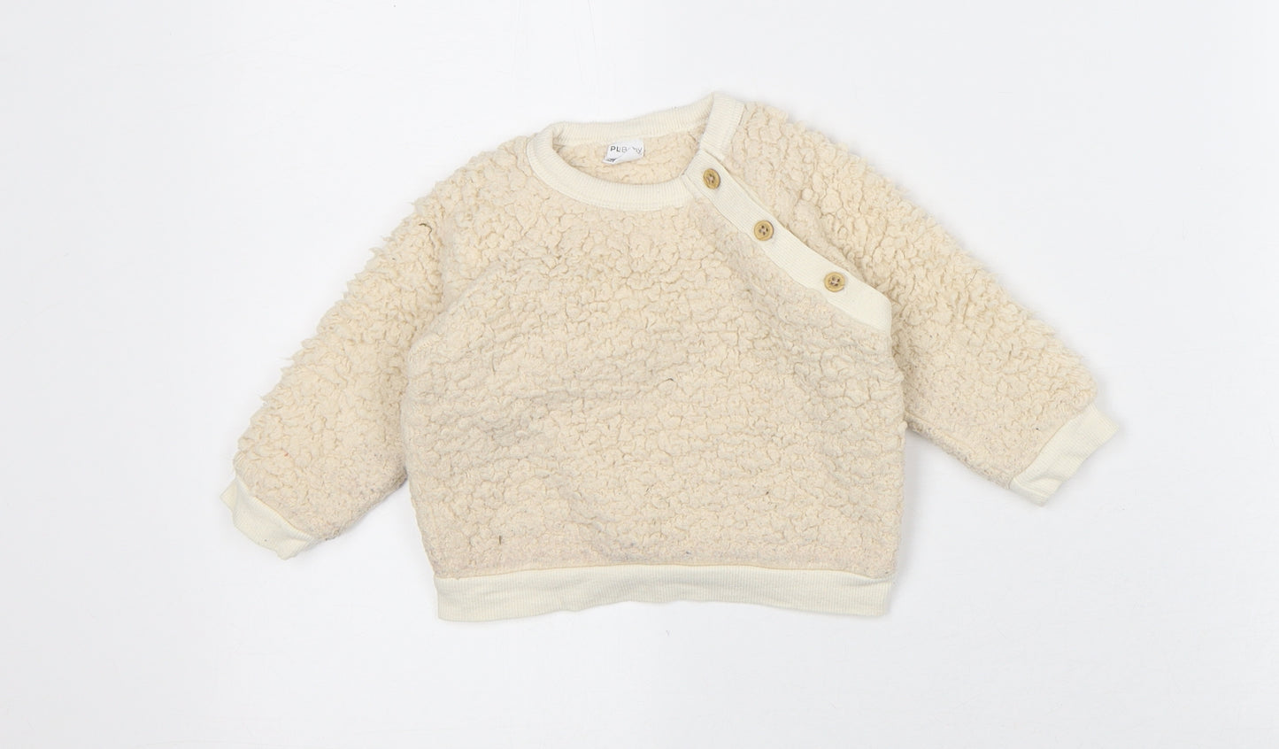 PL:Baby Baby Beige Polyester Pullover Jumper Size 9-12 Months Snap - Woolen Texture