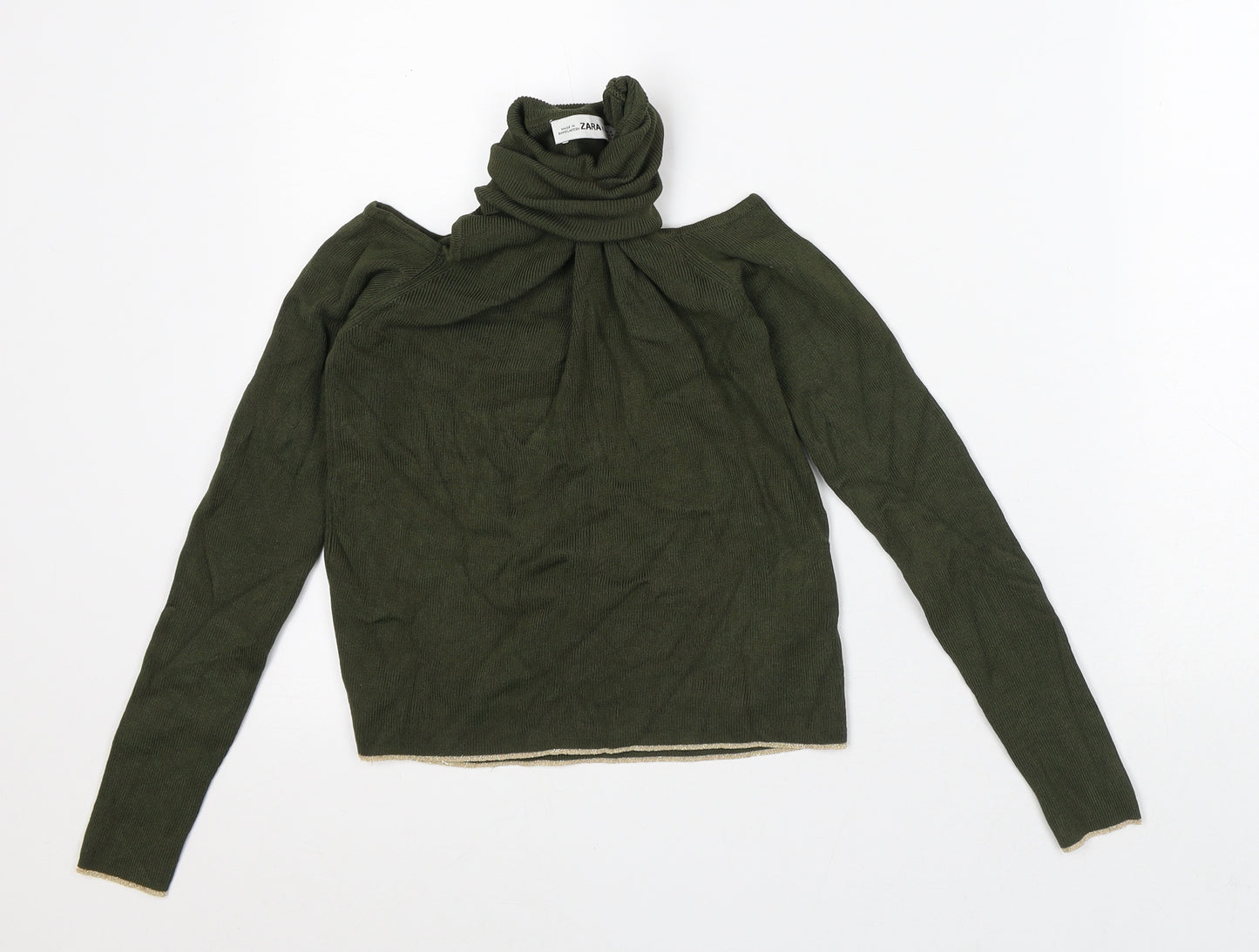 Zara Womens Green Roll Neck Striped Viscose Pullover Jumper Size M