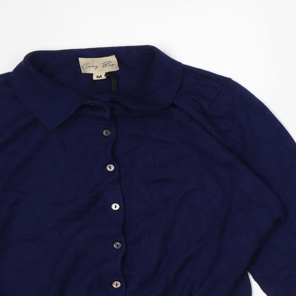 Lindy Bop Womens Blue Collared Viscose Cardigan Jumper Size M