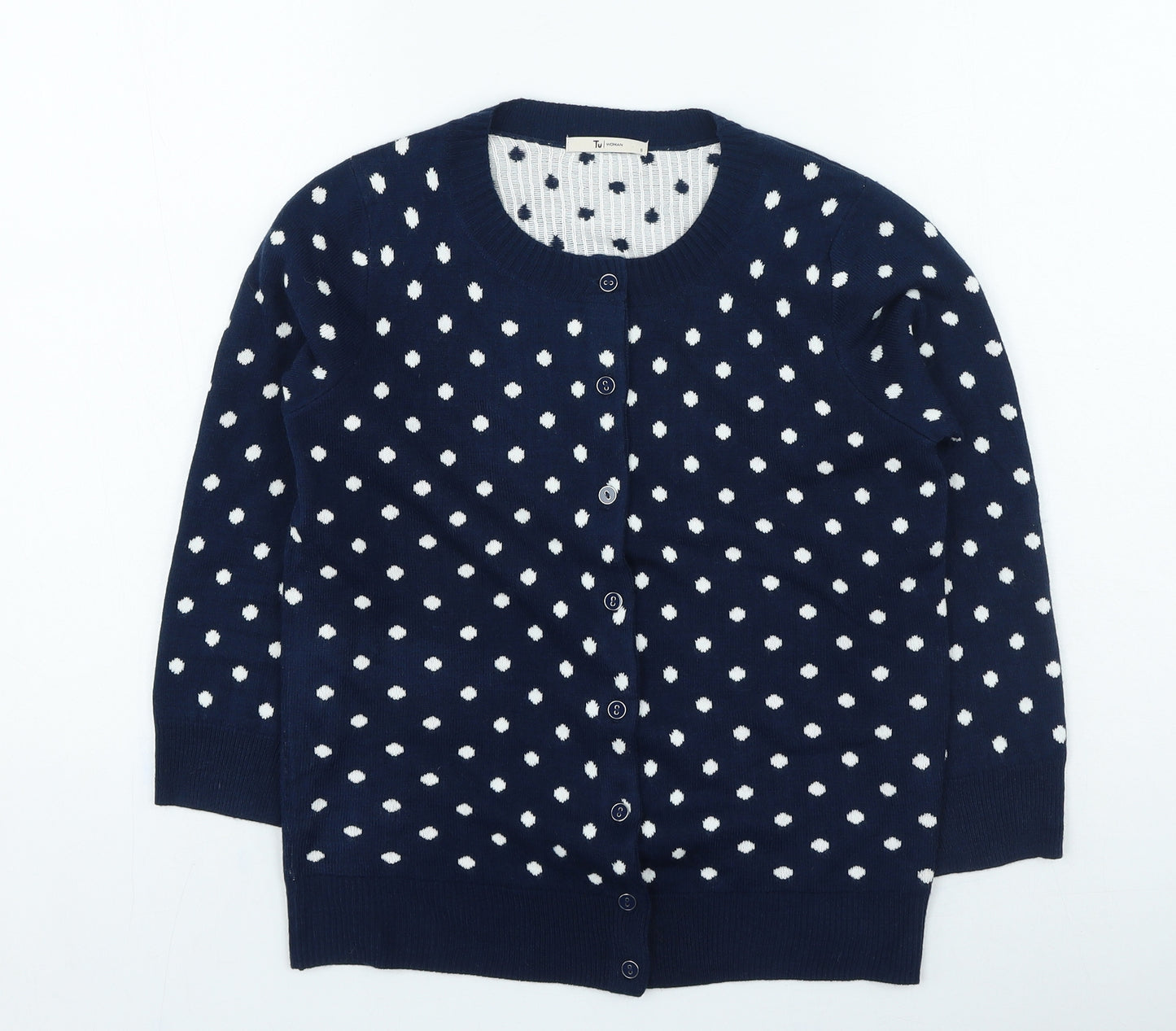 TU Womens Blue Round Neck Polka Dot Acrylic Cardigan Jumper Size 8