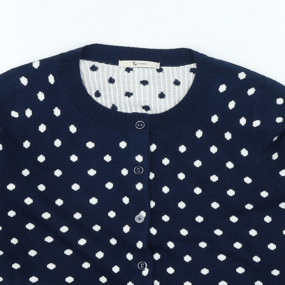 TU Womens Blue Round Neck Polka Dot Acrylic Cardigan Jumper Size 8