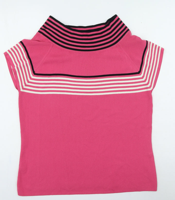 Vogue Womens Pink High Neck Striped Rayon Pullover Jumper Size 16