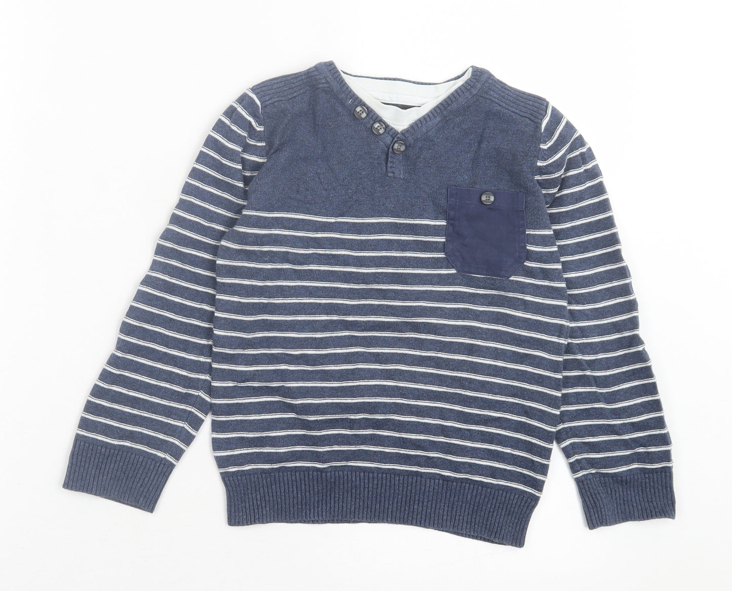 George Boys Blue Crew Neck Striped Cotton Pullover Jumper Size 5-6 Years Pullover