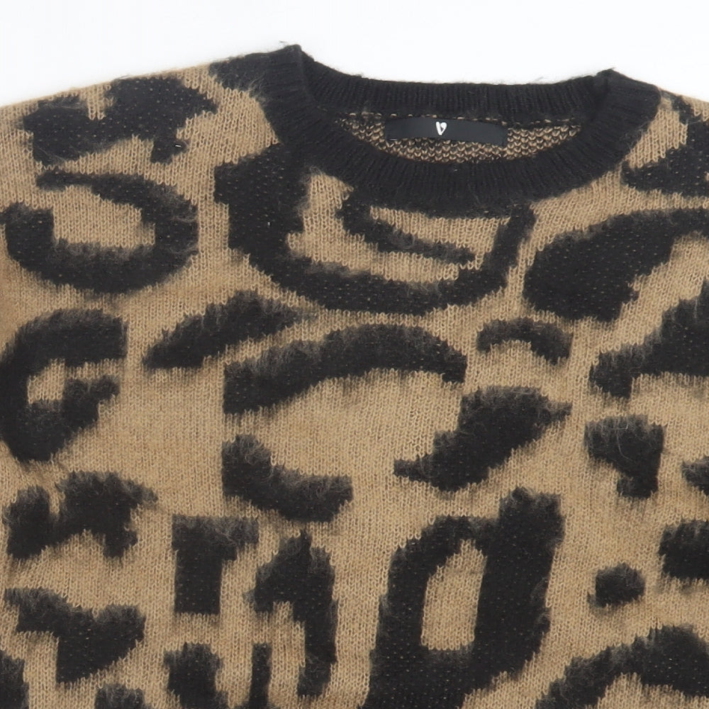 Very Womens Brown Crew Neck Animal Print Acrylic Pullover Jumper Size 14