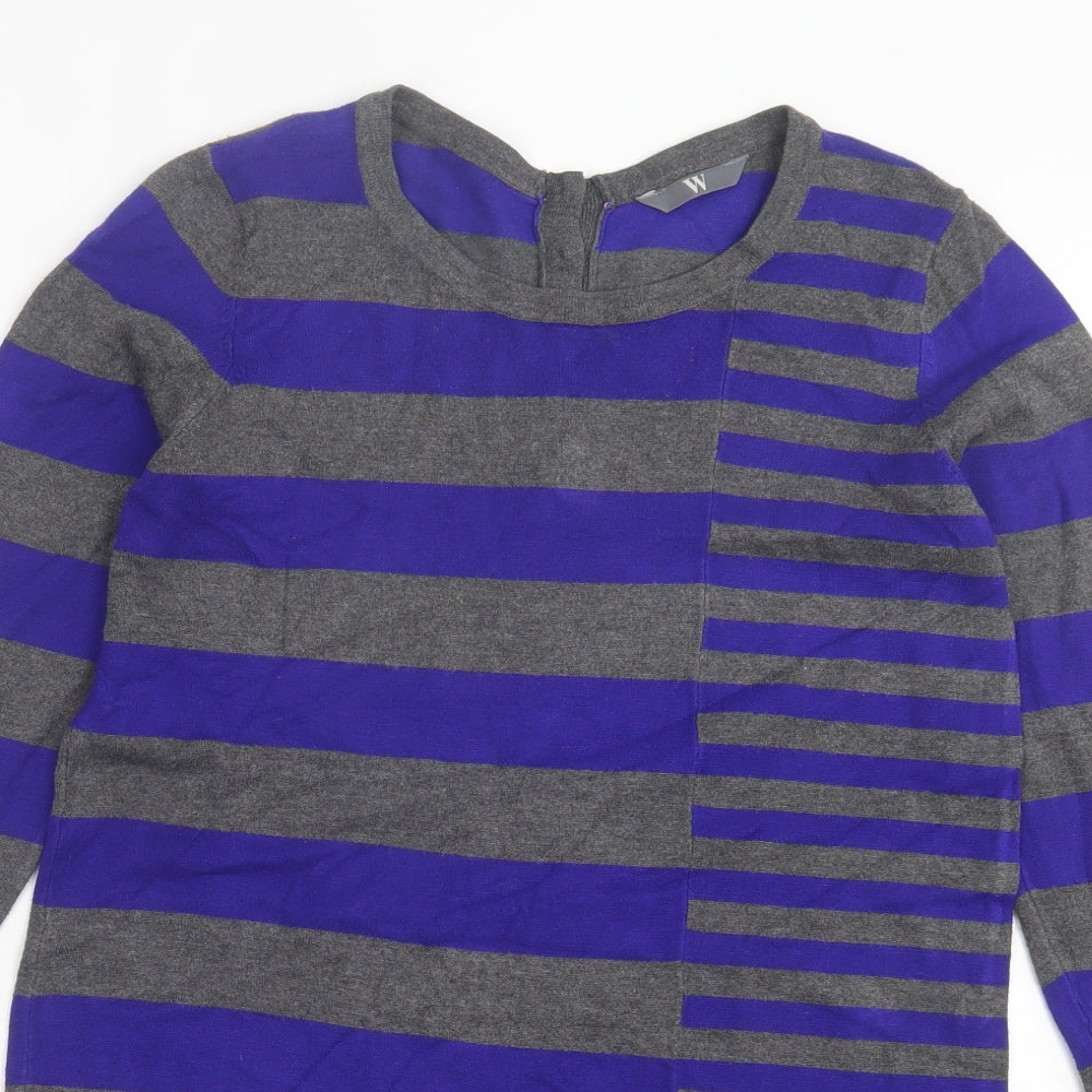 BHS Womens Purple Striped Viscose Jumper Dress Size 12 Crew Neck Pullover