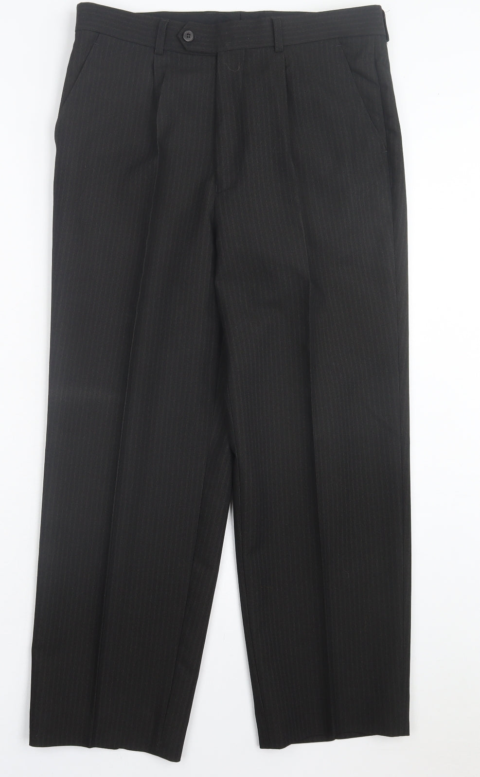 Preworn Mens Black Striped Polyester Trousers Size 32 in L27 in Regular Button