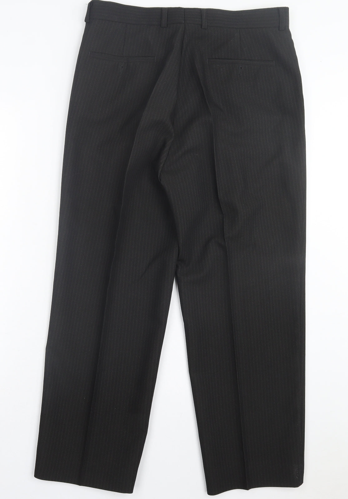 Preworn Mens Black Striped Polyester Trousers Size 32 in L27 in Regular Button