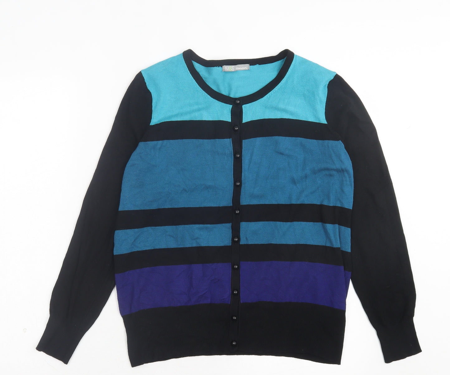 Marks and Spencer Womens Blue Crew Neck Striped Viscose Cardigan Jumper Size 16