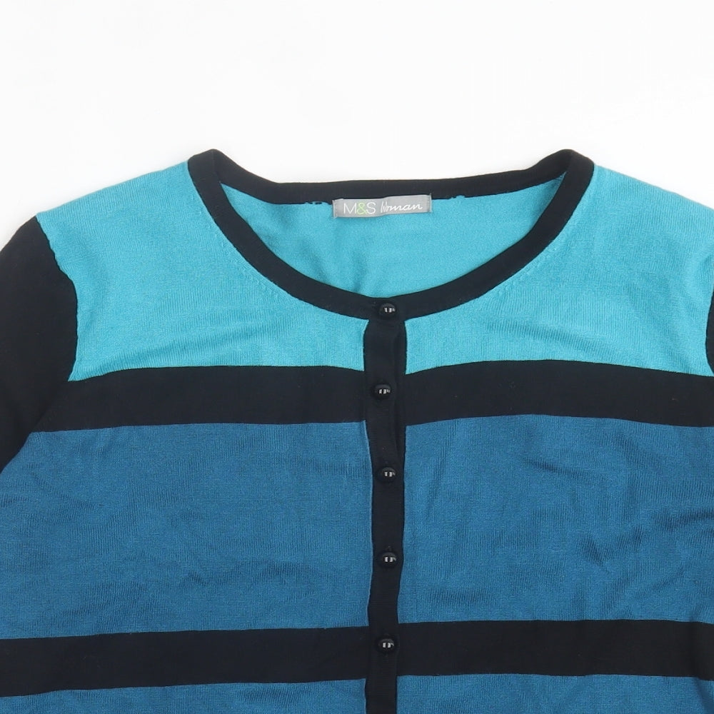 Marks and Spencer Womens Blue Crew Neck Striped Viscose Cardigan Jumper Size 16