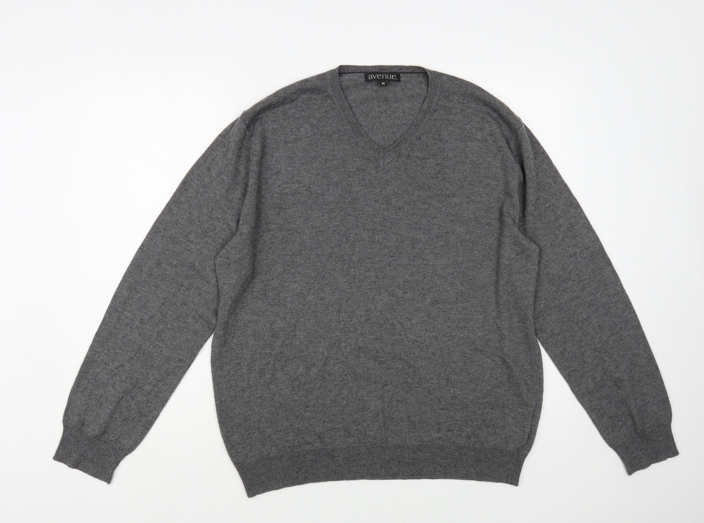 Avenue Mens Grey V-Neck Acrylic Pullover Jumper Size M