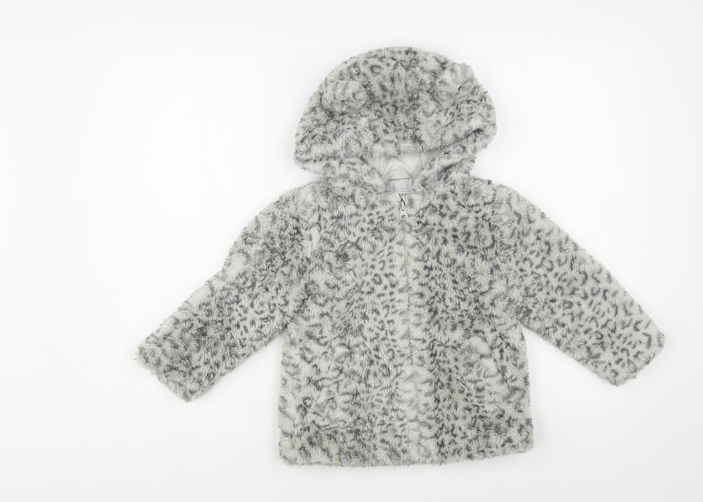 TU Girls Grey Animal Print Basic Coat Coat Size 3-4 Years Zip - Bear Hood