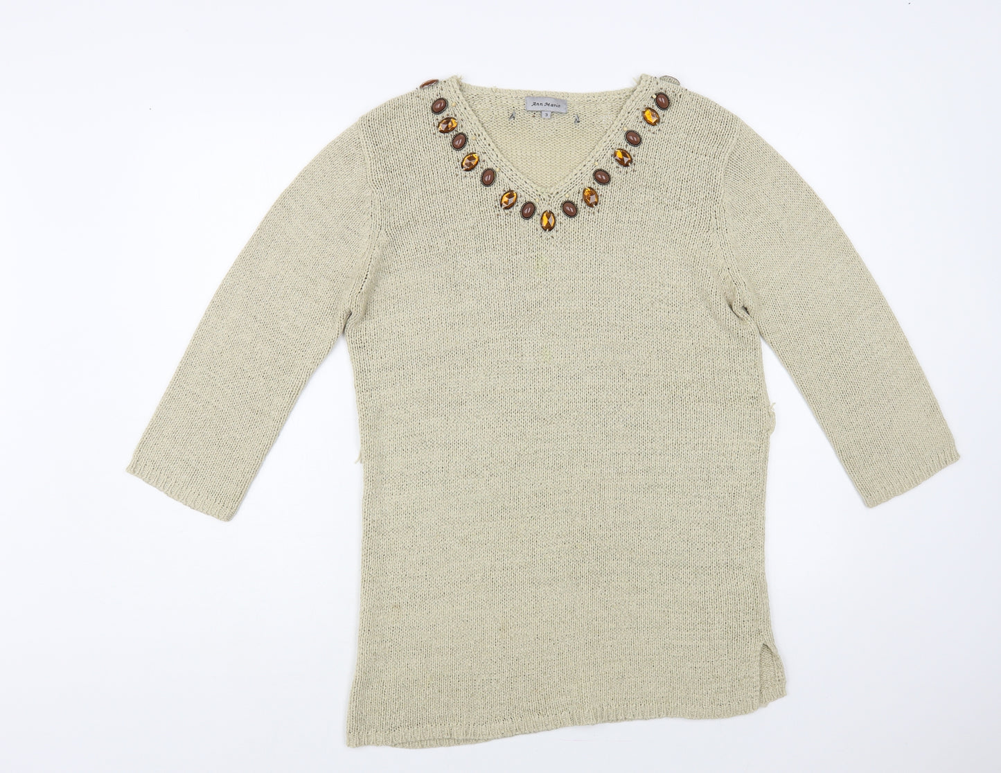 Ann Marie Womens Beige V-Neck Acrylic Tunic Jumper Size M - Embellished Neckline