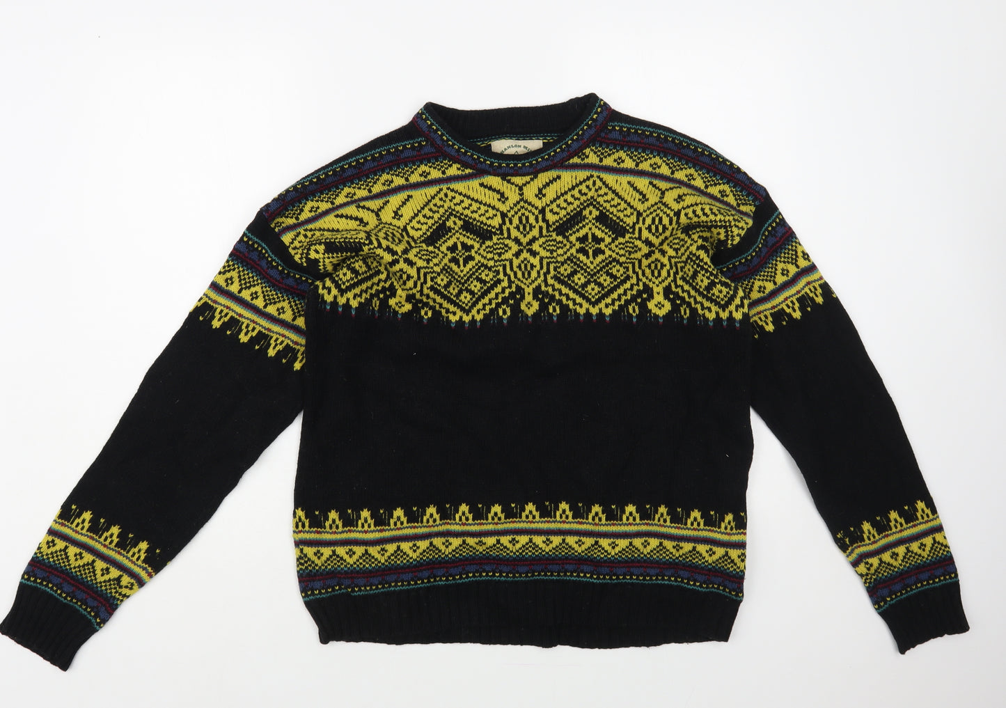 O'Hanlon Mills Mens Black Crew Neck Geometric Cotton Pullover Jumper Size M